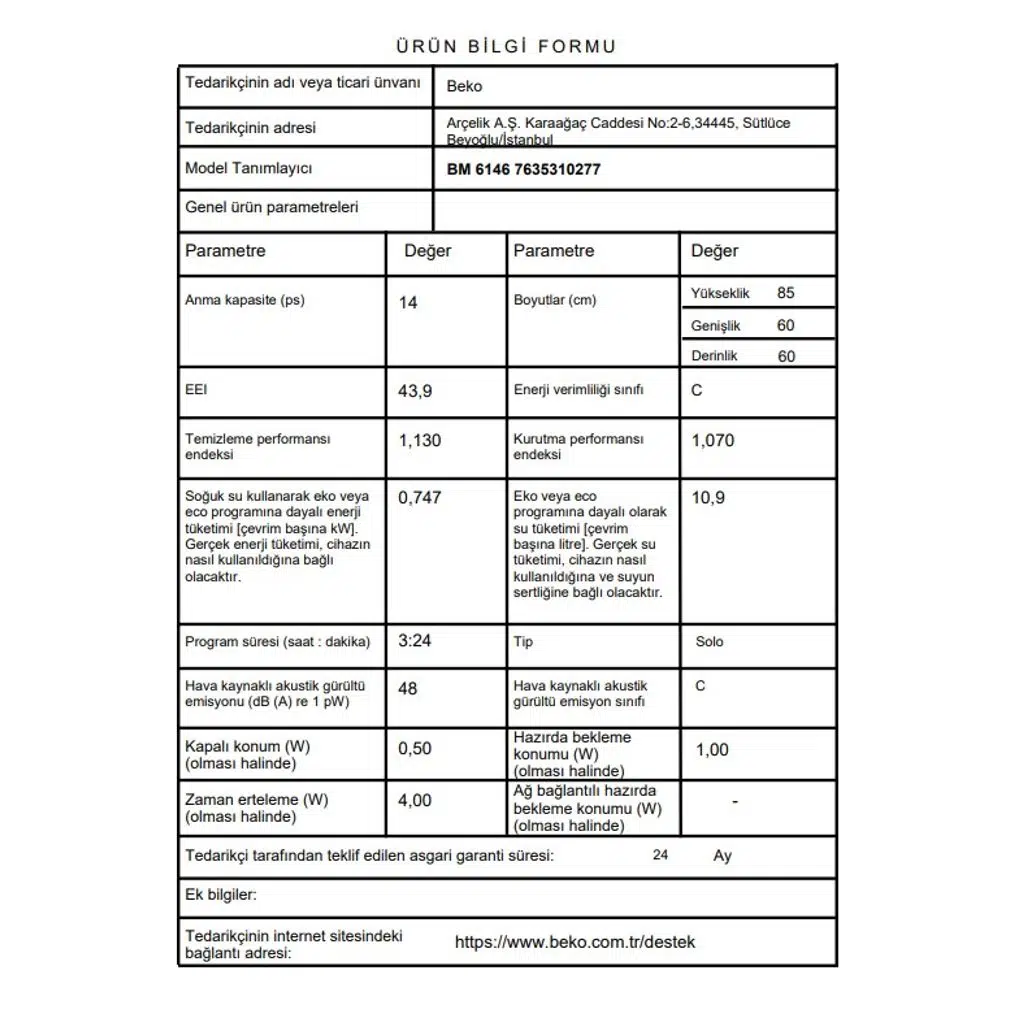 Beko Bm 6146 6 Programlı 14 Kişilik Bulaşık Makinesi Beko Bm 6146 6 Programlı 14 Kişilik Bulaşık Makinesi