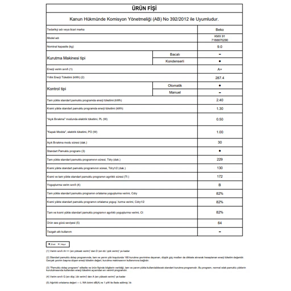 Beko KMX 91 9 KG Kurutma Makinesi Beko KMX 91 9 KG Kurutma Makinesi