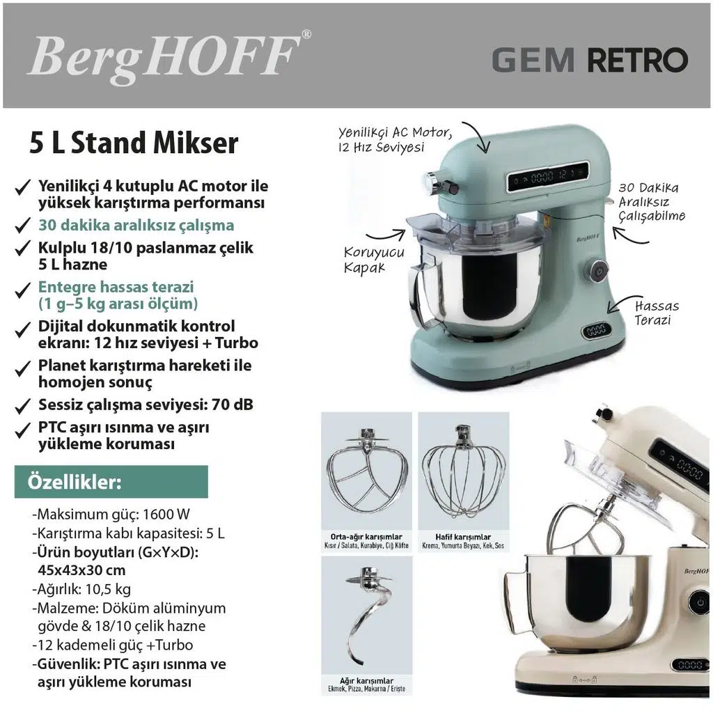 Berghoff Gem Retro Dijital Göstergeli Hassas Tartı Özellikli 5 Lt Siyah Stand Mikser Berghoff Gem Retro Dijital Göstergeli Hassas Tartı Özellikli 5 Lt Siyah Stand Mikser