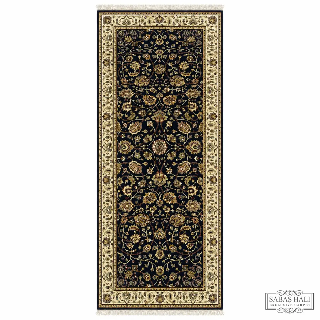 Sabaş Halı Exclusive Carpet – 12101 UŞAK PALAS 080 x 202 cm LACİVERT / BEJ (Uşak - Yün İpek Dokuma Halısı)