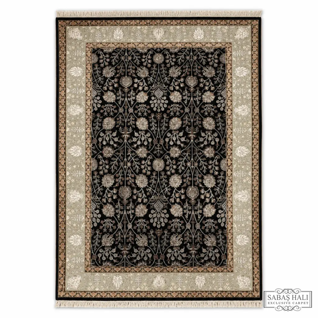 Sabaş Halı Exclusive Carpet – ŞİRAZE İPEKLİ 163 x 237 cm DESEN 763 SİYAH FİLDİŞİ (Uşak - Yün İpek Dokuma Halısı)