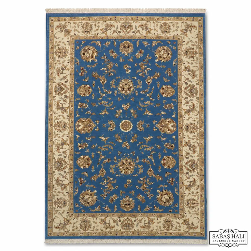 Sabaş Halı Exclusive Carpet – UŞAK PALAS 207 x 305 cm MODEL UŞAK PALAS TURKUAZ/BEJ (Uşak - Yün İpek Dokuma Halısı)